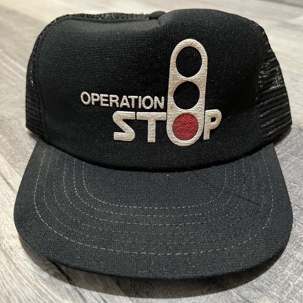 VTG 80s Operation Stop! Black Mesh Foam Trucker Hat Cap Snapback 1980s